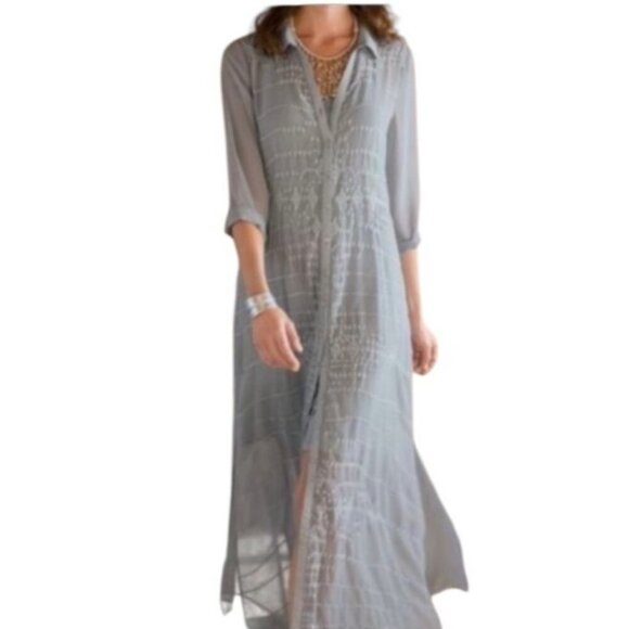 Soft Surroundings Ibiza Georgette Embroidered Maxi Shift Dress Gray Size Small - Picture 1 of 13